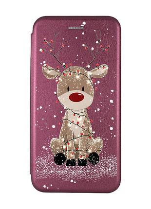 Чехол-книжка бордовый с рисунком на xiaomi redmi 9c/10a олень новый год (принт 429)