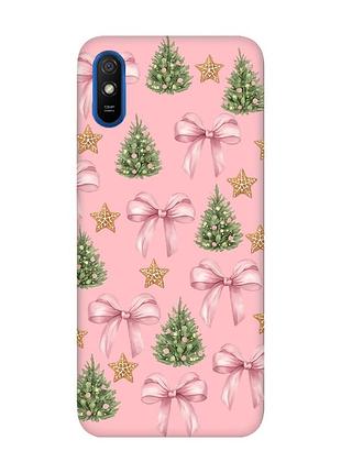 Матовый розовый чехол на xiaomi redmi 9a рождественский фон (принт 427)