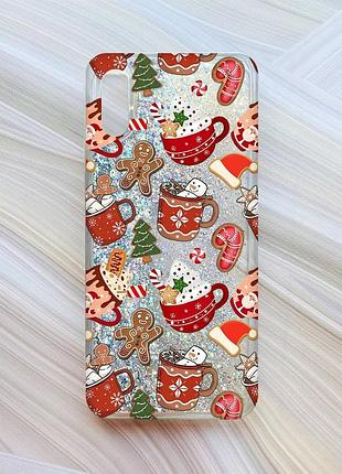 Чехол с плавающими серебряными блестками на xiaomi redmi 9a рождество (принт 428)