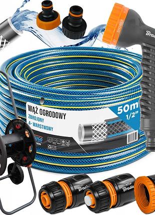 Садовий шланг kugo 1/2" 50 м 4 шари + пістолет, візок та з'єднання bradas - blueline plus