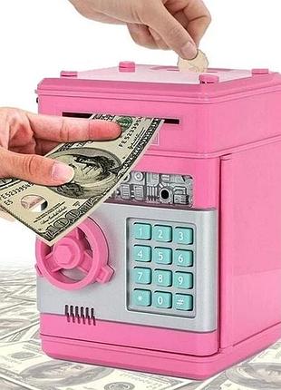 Электронная копилка-сейф number bank , детский сейф с кодовым замком и купюроприемником, копилка для денег, цвет розовый