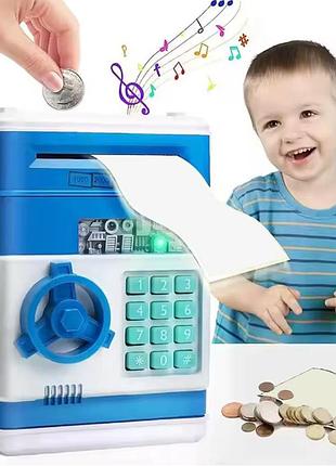 Электронная копилка-сейф number bank , детский сейф с кодовым замком и купюроприемником, копилка для денег, цвет голубой
