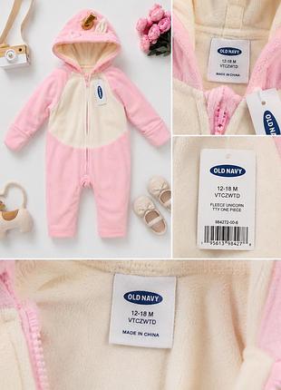 Дитячий флісовий комбінезон old navy «єдиноріг» 12–18 міс. рожевий з капюшоном