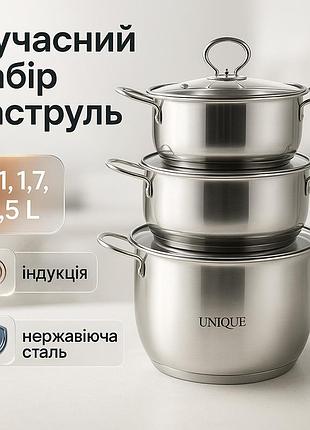 Набор кастрюль unique un-5072 8 предметов нержавеющая сталь стеклянные крышки, набор посуды для плит