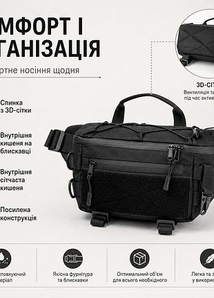 Тактична сумка-бананка через плече чорна з cordura 1000d, поясна чоловіча сумка з velcro та карабіном