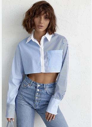 Вкорочена сорочка zara у блакитну смужку з контрастним білим коміром та планкою.