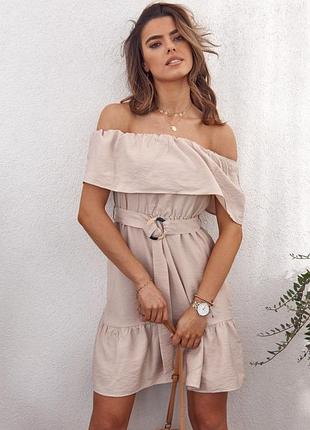 Бежево-пудрова лляна сукня міні з відкритими плечима topshop s -м