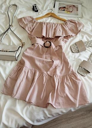 Бежево-пудровое льняное платье мини с открытыми плечами topshop s -м