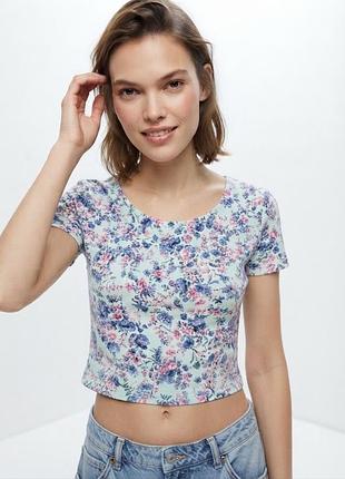 Укороченная футболка h&m в цветочный принт, размер l (uk 14)