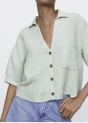 Укороченная льняная лен linen рубашка лен рубашка топ блузка блуза от бренда zara мятного (фисташкового) цвета, р.s