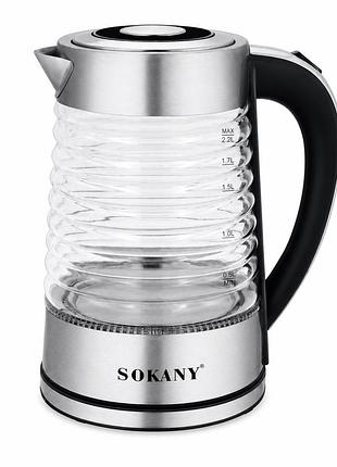Електричний чайник sokany sk-1027, 2.2 л, 2000 вт, скляний, led-підсвітка, 360°