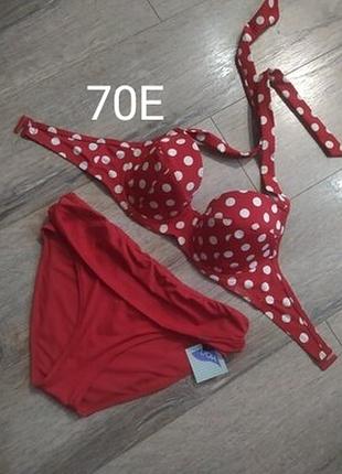 32е,70е,38/s(10),la senza, красный роскошный раздельный купальник в горох с утяжкой живота, новый