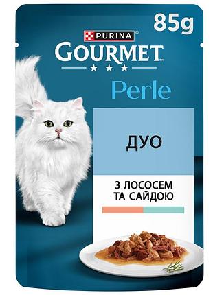 Блок (26 шт.) вологий корм gourmet perle duo для дорослих котів, міні філе у підливці, з лососем та сайдою, 85 г