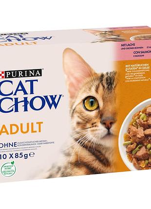 Блок (10 шт.) вологий корм cat chow adult для дорослих котів, шматочки в желе, з лососем та зеленою квасолею, 10x85 г