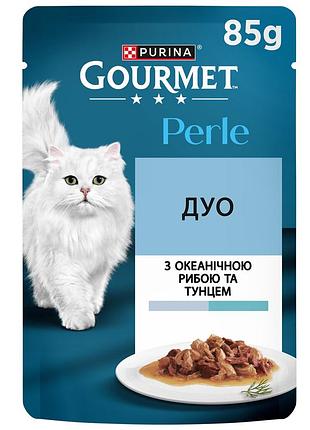 Блок (26 шт.) вологий корм gourmet perle duo для дорослих котів, міні філе у підливці, з океанічною рибою та тунцем, 85 г