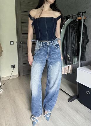 Pull&bear barrel jeans baggy джинси широкі топ корсет джинсовий