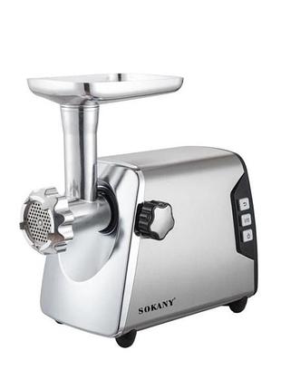 Електрична м'ясорубка sokany sk-06006, 3800 вт, реверс, продуктивність до 2,5 кг/хв, срібляста