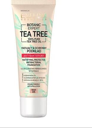 Тональный крем 3в1 eveline botanic expert tea tree матирующий антибактериальный 05 porcelain, 30 мл
