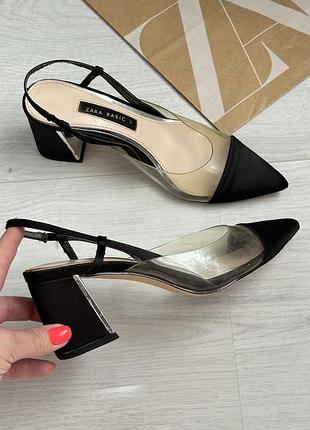 Босоніжки zara, слінгбекі лодочки чорні, широкий каблук, 37