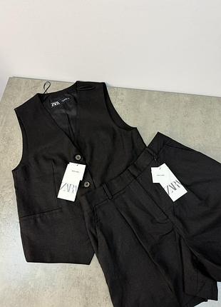 Хит 🔥🔥🔥 черный женский льняной костюм zara комплект жилетка шорты зара