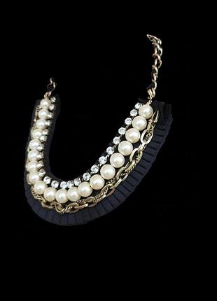 Об'ємне кольє-комір у стилі chanel / accessorize, вінтаж із перлами та стразами