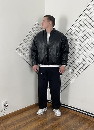Чорний оверсайз дутий пуховик fsbn oversized black leather puffer пуфер шкіряний бомбер