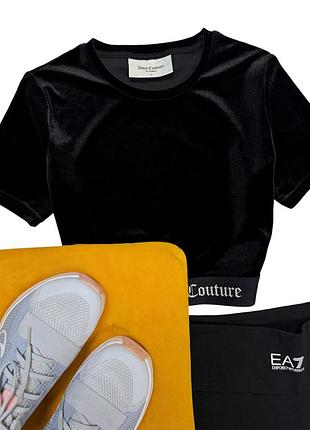 Juicy couture женская черная бархатная бархатная футболка кроп топ с логотипом оригинал