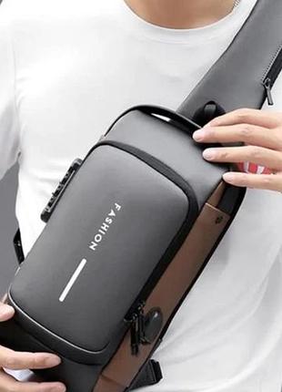Нагрудная сумка с противоприпасным замком с паролем backpack черный серый большой xl-1514100