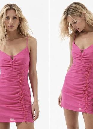 Сукня zara лляна міні фуксія з драпіруванням