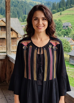 Чорна блуза atmosphere з яскравою етнічною вишивкою, peplum, s (uk 6 / eur 34)