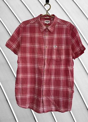 Чоловіча сорочка wrangler l xl оригінал вранглер стан ідеал літня в клітинку рожева з коротким рукавом бавовна шведка 52 54