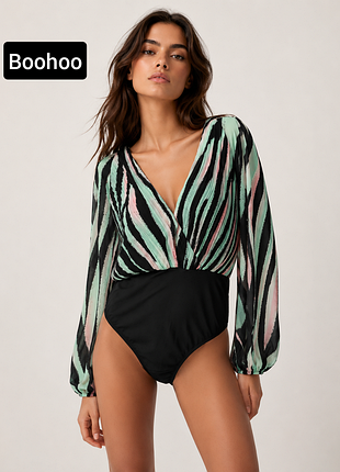 Боді жіночий блузою у смужку з обьємними рукавами від бренду boohoo xl xxl