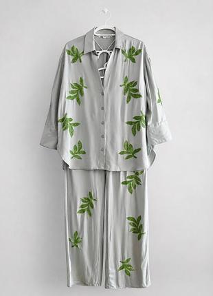 Костюм в піжамному стилі zara, сорочка та штани, комплект, вишитий бісером
