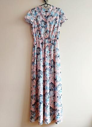Красивое долгое нежно розовое платье в цветы, платье макси в пол, р. l-xl