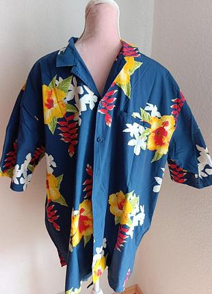 Гавайская рубашка hawaiian fun shirt оригинал, темно-синяя шведка с тропическим принтом