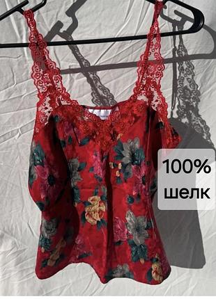 Вінтажний 100% шовковий топ, майка silkscreen (y2k / 90s) з мереживом