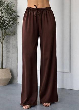 Жіночі літні щільні шовкові штани палаццо дабл шовк штучний шоколад шоколадні коричневі