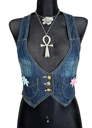 Винтажный короткий джинсовый жилет с цветами vintage 2000s y2k