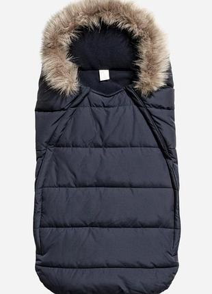 Детский демисезонный конверт-кокон "футмуфт" от бренда h&amp;m one size темно-синий на молнии со съемным мехом мальчики/девочки
