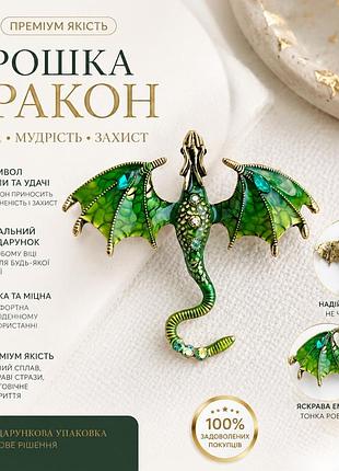 🐉 брошка «дракон» із зеленою емаллю та стразами | преміум прикраса