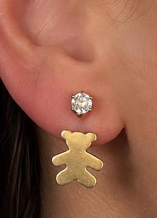✨ серьги teddy bear с фианитами | трендовые золотистые серьги с мишками