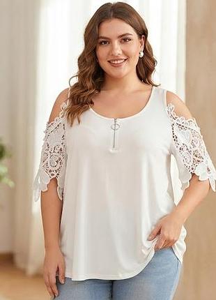 Белая свободная туника блуза с кружевными рукавами и молнией shein curve 3xl