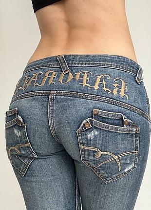 Джинсы 34 xs винтаж vintage y2k archive с вышивкой надписью низкая талия посадка скинни skinny укороченные синие