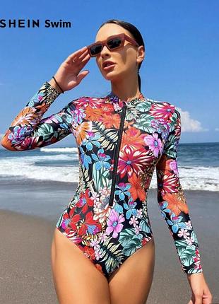 Shein swim слитный купальник с тропическим принтом, длинным рукавом и молнией спереди, летний пляж роз.l
