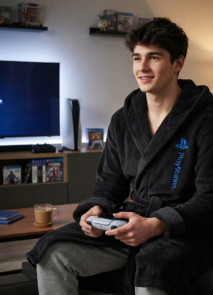 Плюшевый флисовый халат с капюшоном playstation,