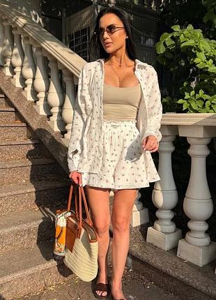 9️⃣6️⃣0️⃣грн мусліновий костюм жіночий натуральна тканина вільна сорочка + шорти оверсайз з високою посадкою 3