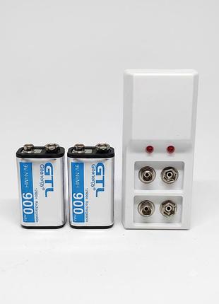 Комплект "крона акумулятор 9v 900 mah + зарядний пристрій для батарейок крона (2 батарейки + зарядний)