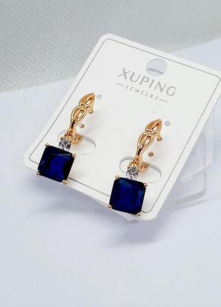 Серьги подвески с синими цирконами,xp 18k. 2,6 см медзолото