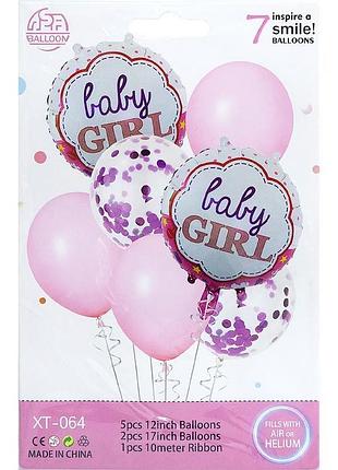 Набір повітряних кульок фонтан baby girl з фольгованими колами та конфетті рожевий на виписку пологовий xt-064