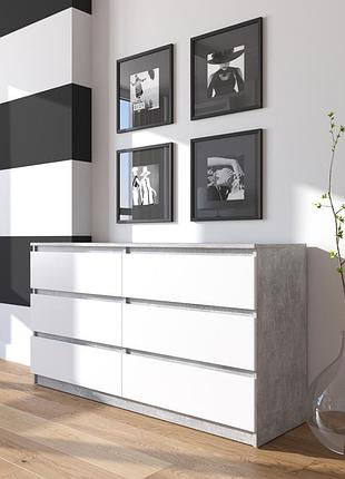 Комод vays r-7 бетон-білий фасад, 6 шухляд без ручок, лдсп, 140×40×75 см– для дому, офісу, вітальні, спальні